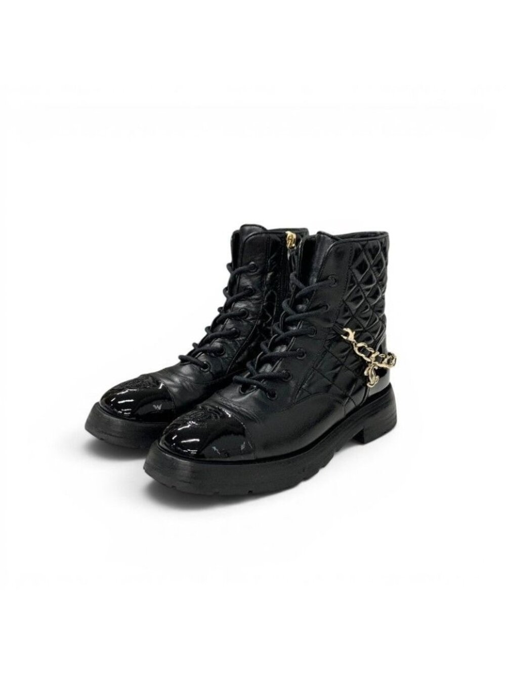 Chanel Boots Short Shoes Leather Patent Black Gold CC Logo Quilted Chain Lace